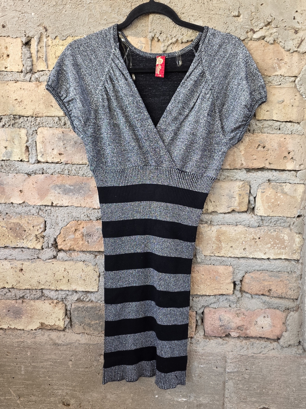 Vintage Y2K Apple Bottoms Metallic Silver Striped Knit Tunic Top Dress L